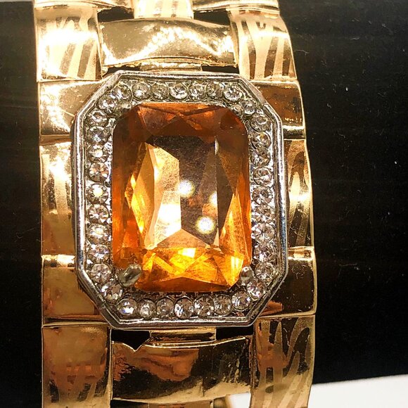 Gold tone lattice clamper bracelet with amber glass stone rhinestone halo - Picture 2 of 10